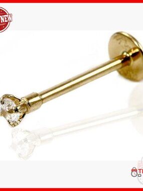 14k Gold Labret Stud 18 Gauge 13mm CZ Lip Piercing Jewelry